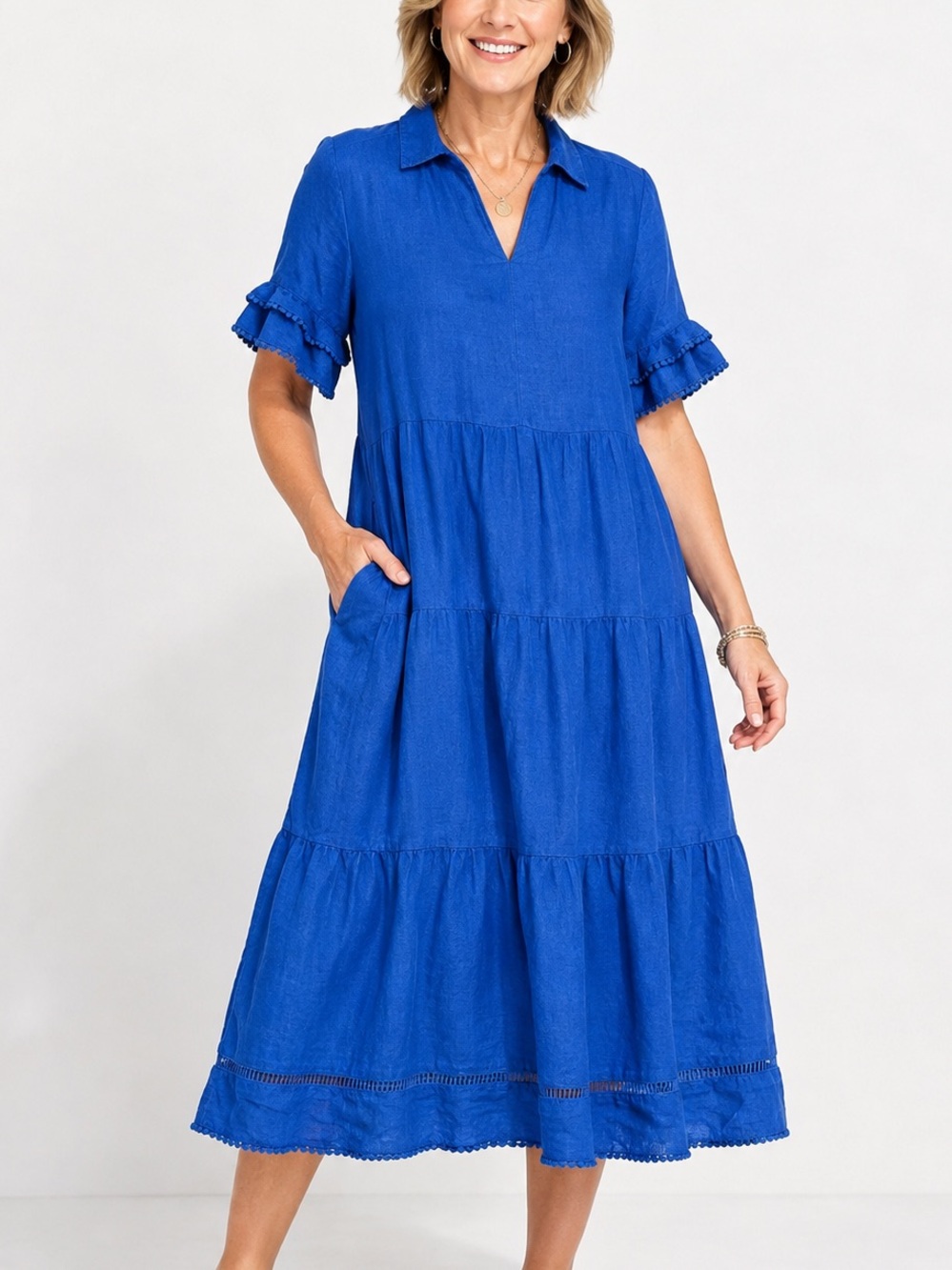 Chico’s 100% Linen Tiered Midi Dress Blue Ruffle Sleeve Collared LP Medium